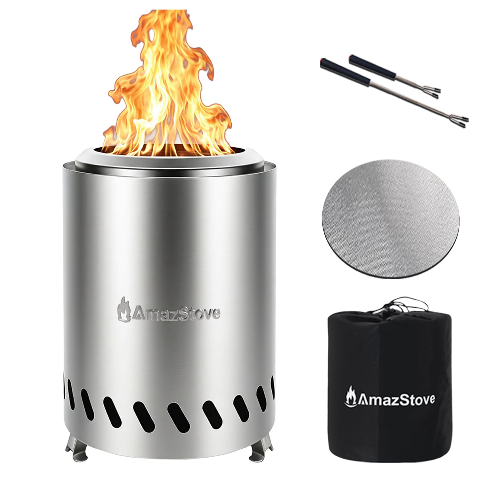 焚き火台 コンパクトソロキャンプ二次燃焼ステンレス鋼AmazStove 小型軽量776gたきび台 二次燃焼 ストーブ収納袋付き 耐熱マット付き 銀色 キャンプグッズ たき火台アウトドア インドア安定性利便性（高さ19.5cm×直径約14cm） AmazStove キャンプ用グリル・焚火台｜焚き火用品専門店 AIRLINK BONFIRE